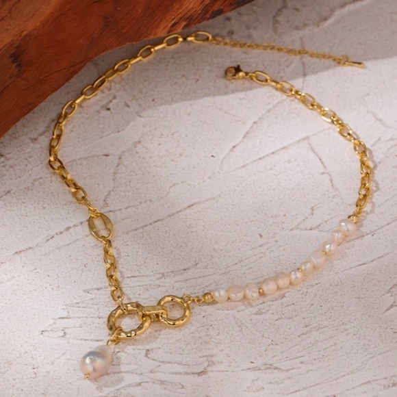 New 18K Gold Plated  Natural  Pearl Circle Link Chain Pendant Choker Necklace - Picture 9 of 14
